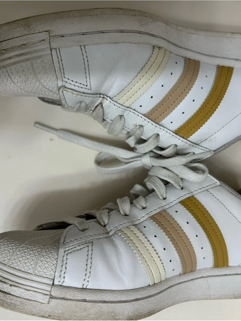 adidas Superstar White Sneakers with Cream, Tan & Mustard Stripes
